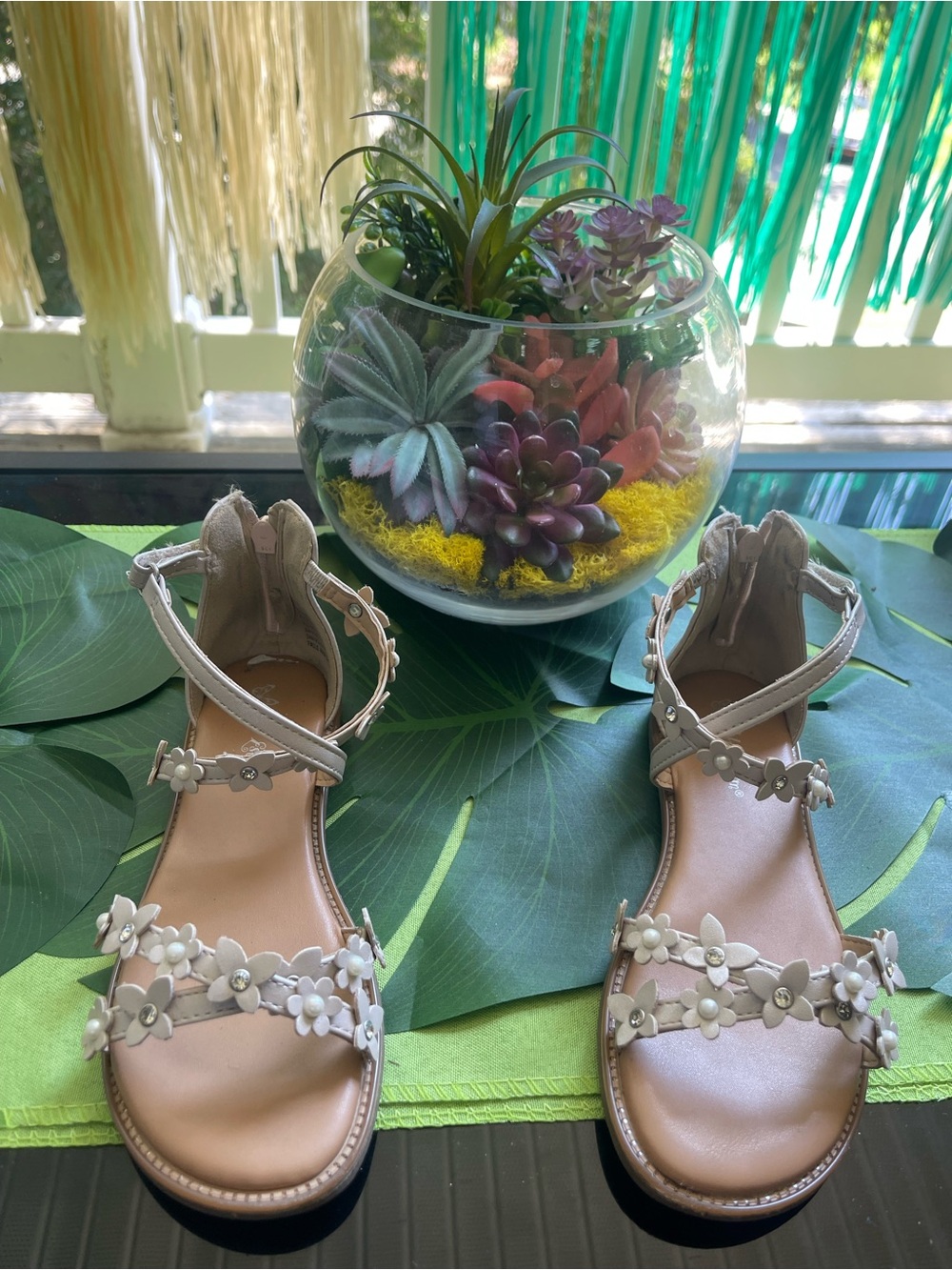 Self Esteem Cream Floral Appliqué Ankle-Strap Sandals
